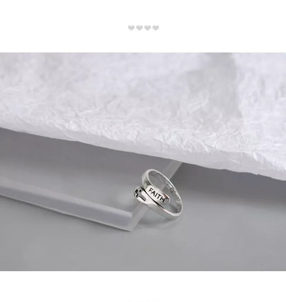 Adjustable English Letter Hollow Belief Ring in silver with unique hollow design