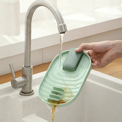 Nordic wall-mounted pot lid and cooking spoon holder with drain tray in green, pink, blue, and white