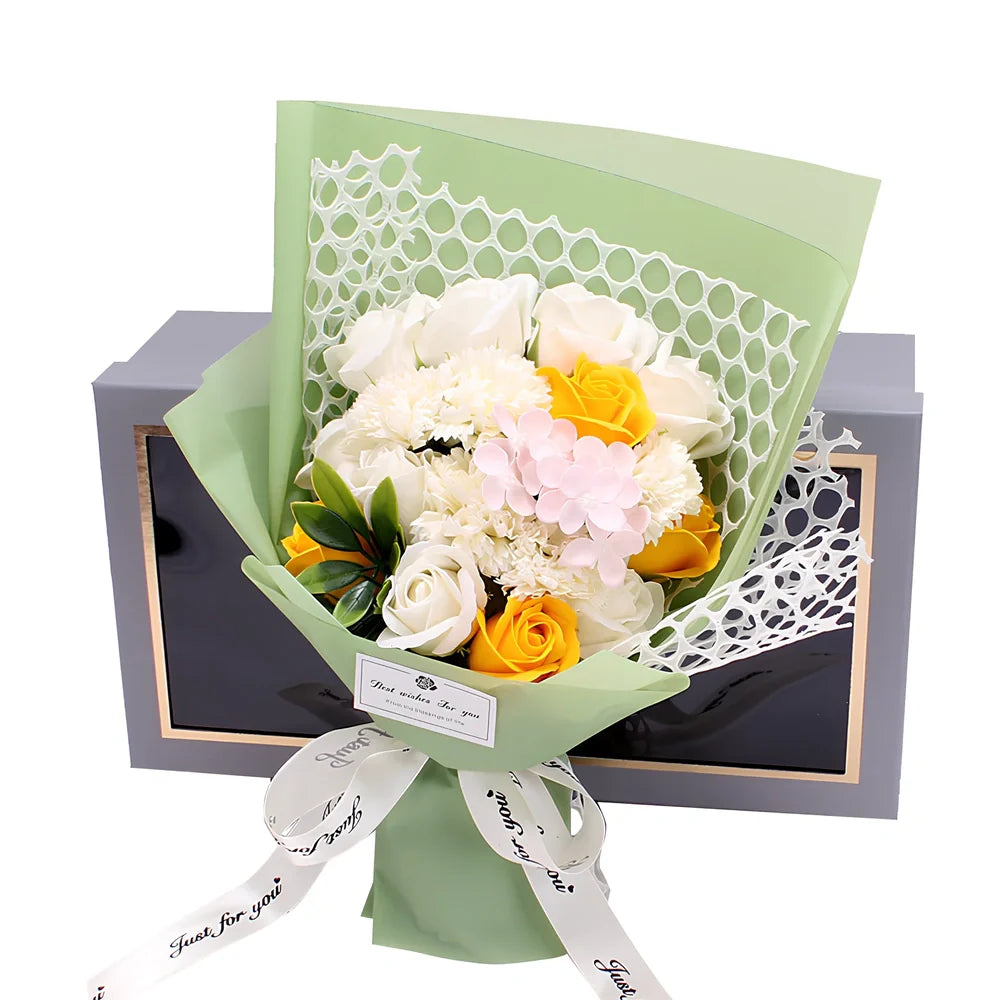 Handmade 19 rose soap bouquet in pink, red, blue, purple, or white, arranged in gift box for events