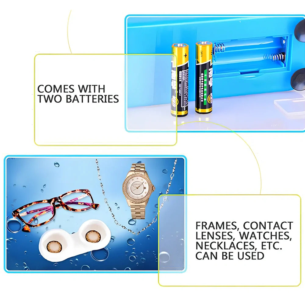 Blue analog ultrasonic cleaner measuring 17x6x8cm with contact lens box and battery compartment