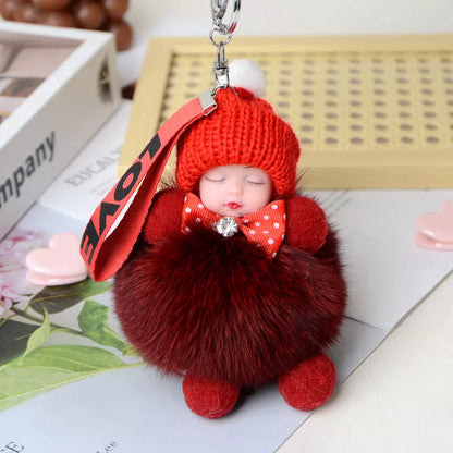 Hand-woven fox fur sleeping doll keychain pendant with optional bow