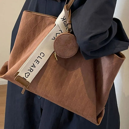 Large soft polyester casual tote shoulder bag in a horizontal square shape with sandwich pockets.