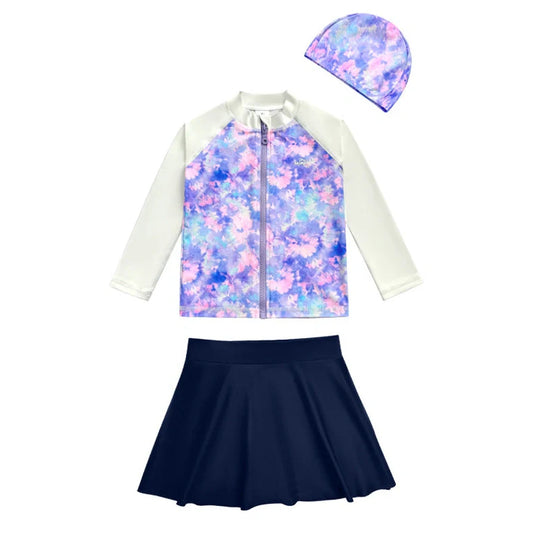 Girls' long sleeve swimsuit with split skirt in gradually varied pink colour, showing complete arm coverage and skirt design