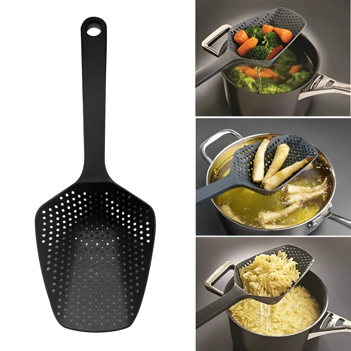 Large black nylon strainer scoop colander for kitchen use draining food.