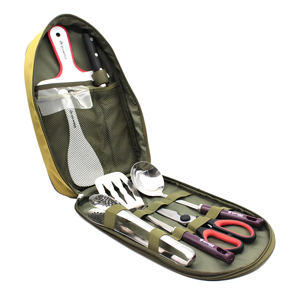 8-piece camp kitchen cooking utensil set with stainless steel tools in Oxford fabric storage bag