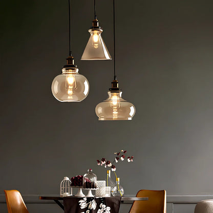 Nordic retro glass chandelier with fishing line design and LED lighting in amber, soot, or transparent finish