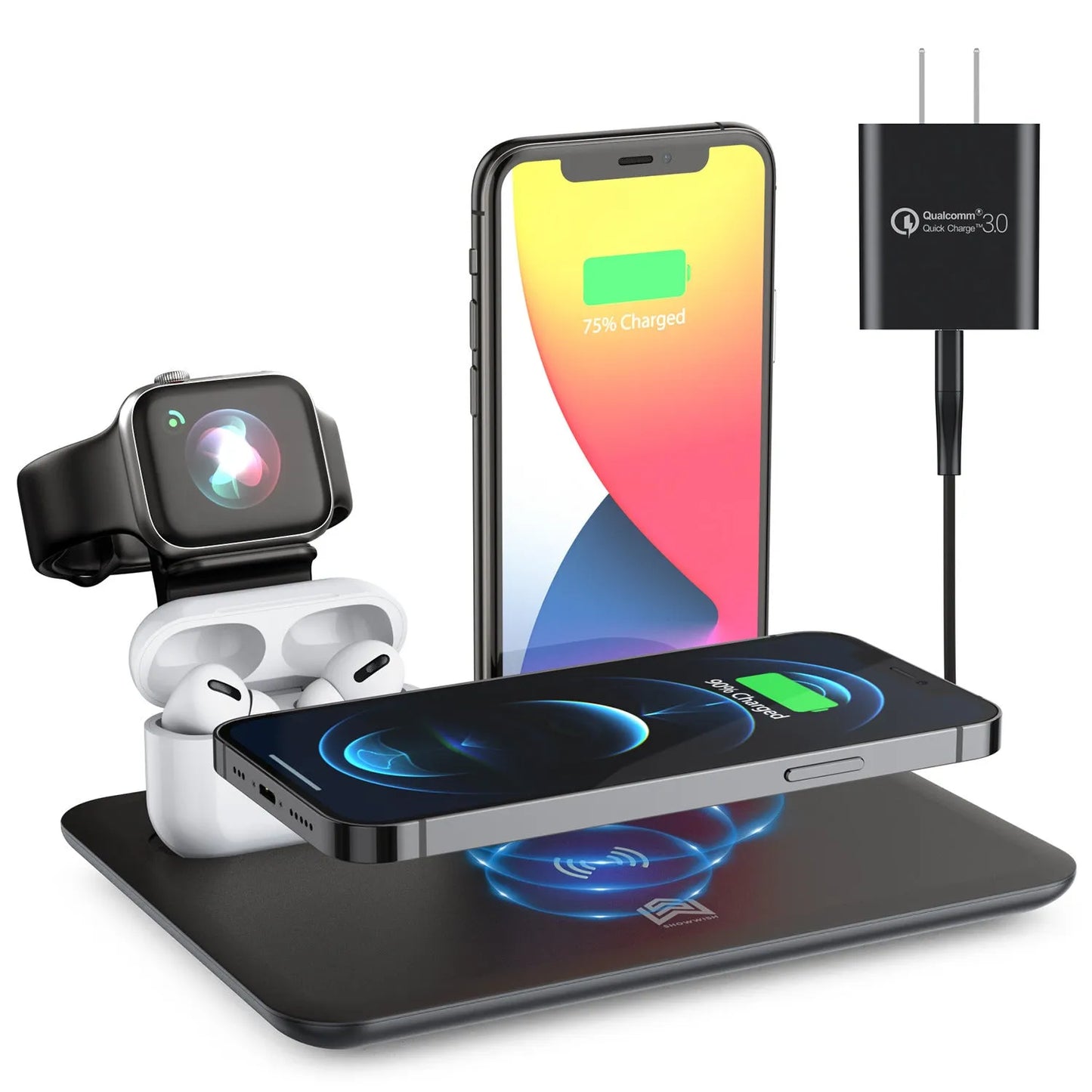 Black wireless charging bracket holding a phone at an angle, with USB cable and ports for watch and headphone charging