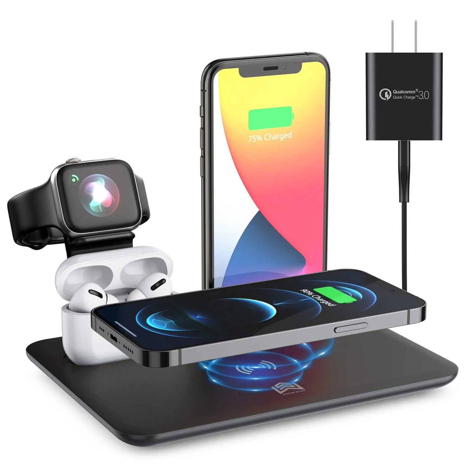 Black wireless charging bracket holding a phone at an angle, with USB cable and ports for watch and headphone charging