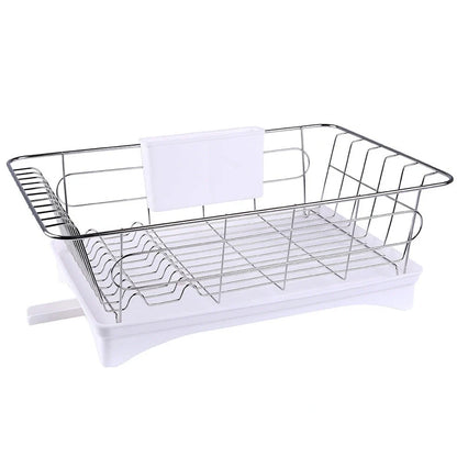 Black stainless steel dish drying rack with drain board and removable cutlery holder