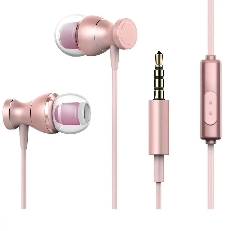 Universal in-ear subwoofer headphones with straight 3.5mm plug in black, gold, rose gold, and silver colour options.