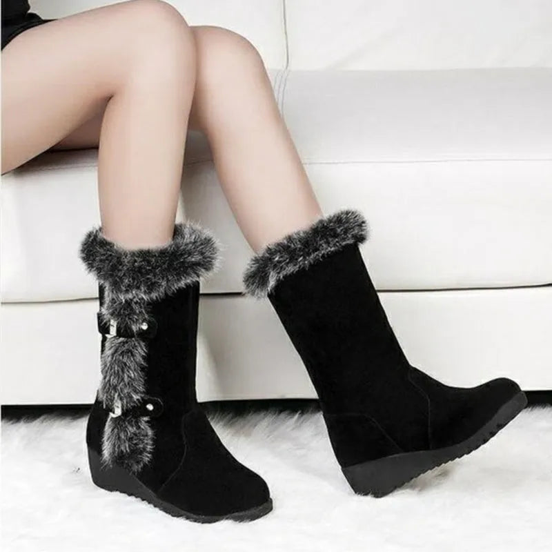 Women's mid-calf winter snow boots in black or light brown with faux fur lining and slip-on design
