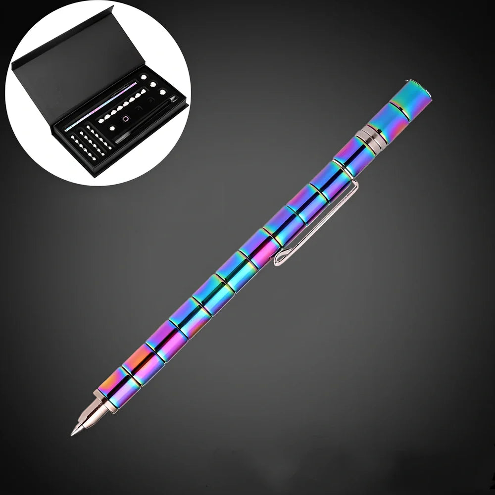Magnetic transformation pen showing compass, spinning top, and phone stand configurations with 13 neodymium magnets