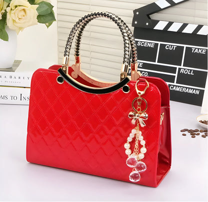 Lingge PU square shoulder bag for women with rhombic quilted design, zip opening, and hard handle.