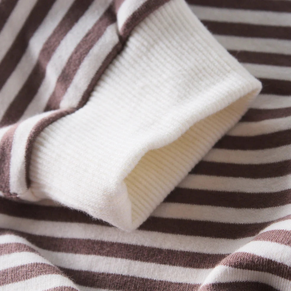 Striped baby climbing suit with hood and triangle design for crawling
