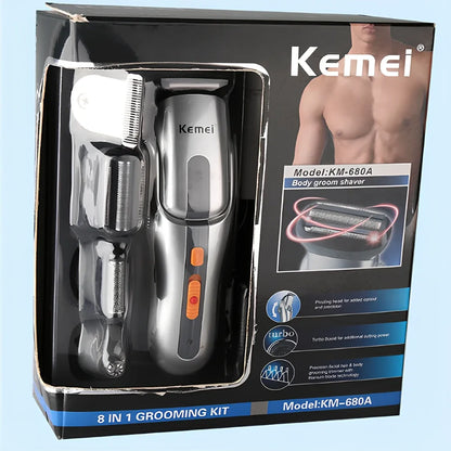 Silver multi-function hair clipper measuring 17x4.5cm with nine grooming accessories including nose hair trimmer