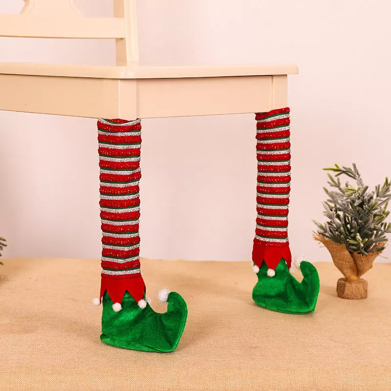 Christmas Striped Elf Table Leg Covers in red and green for festive holiday decor