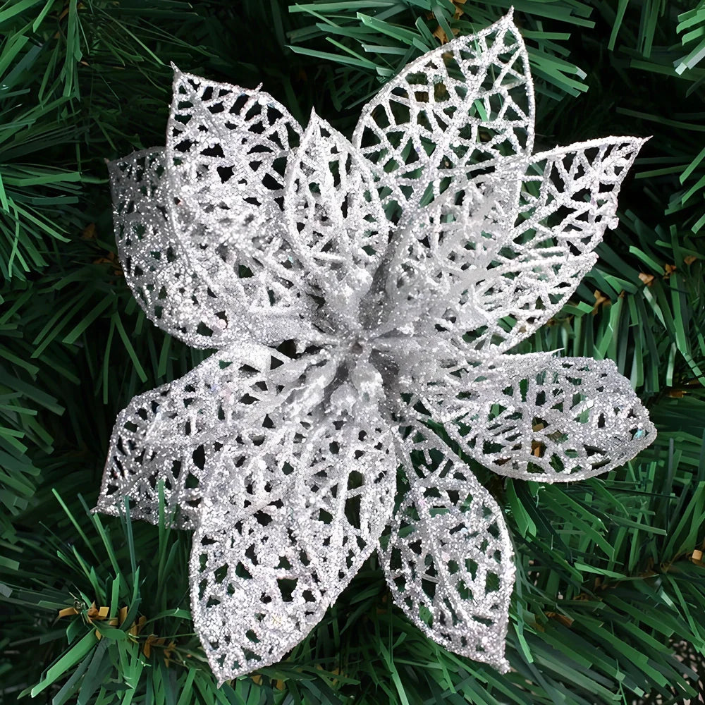 Set of 10 golden 15cm glitter flowers for Christmas trees in gold, silver, red colours