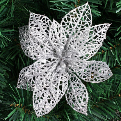 Set of 10 golden 15cm glitter flowers for Christmas trees in gold, silver, red colours