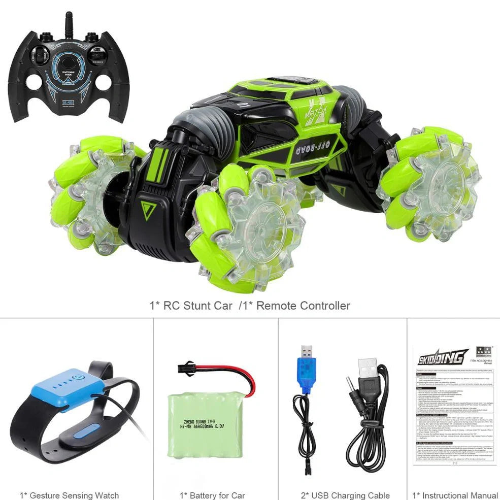 Red 4WD RC stunt car performing sideways drift with LED lights illuminated, showing gesture remote control