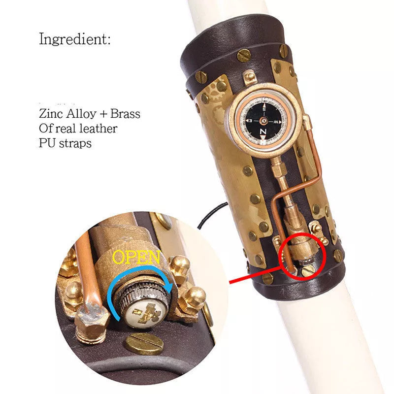 Steampunk compass bracelet with black PU leather strap and detailed metal compass