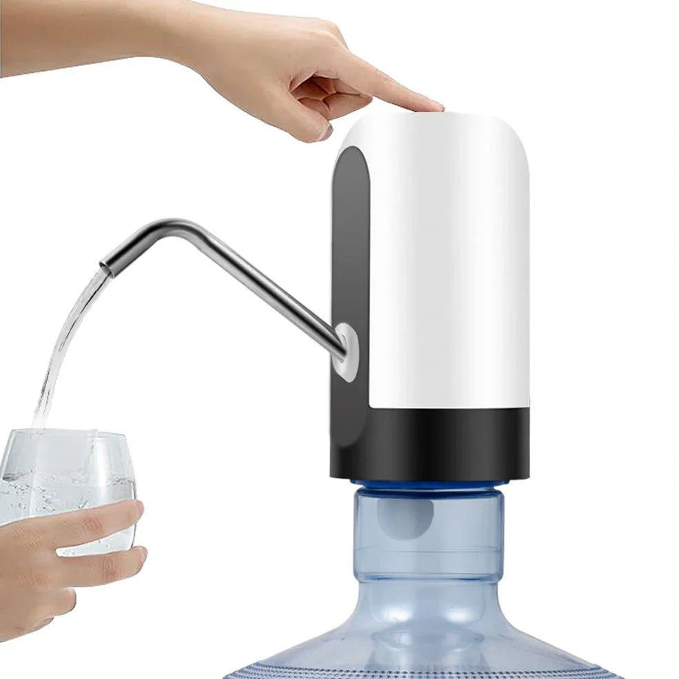 Black automatic drinking water pump dispenser with USB cable on kitchen countertop