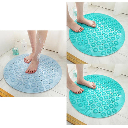 Textured round shower mat with anti-slip surface, massage nodules, and drainage holes for a comfortable and safe bathing experience