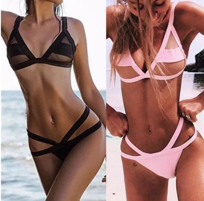 Women's mesh patchwork bikini set in black or pink, sizes S to XL