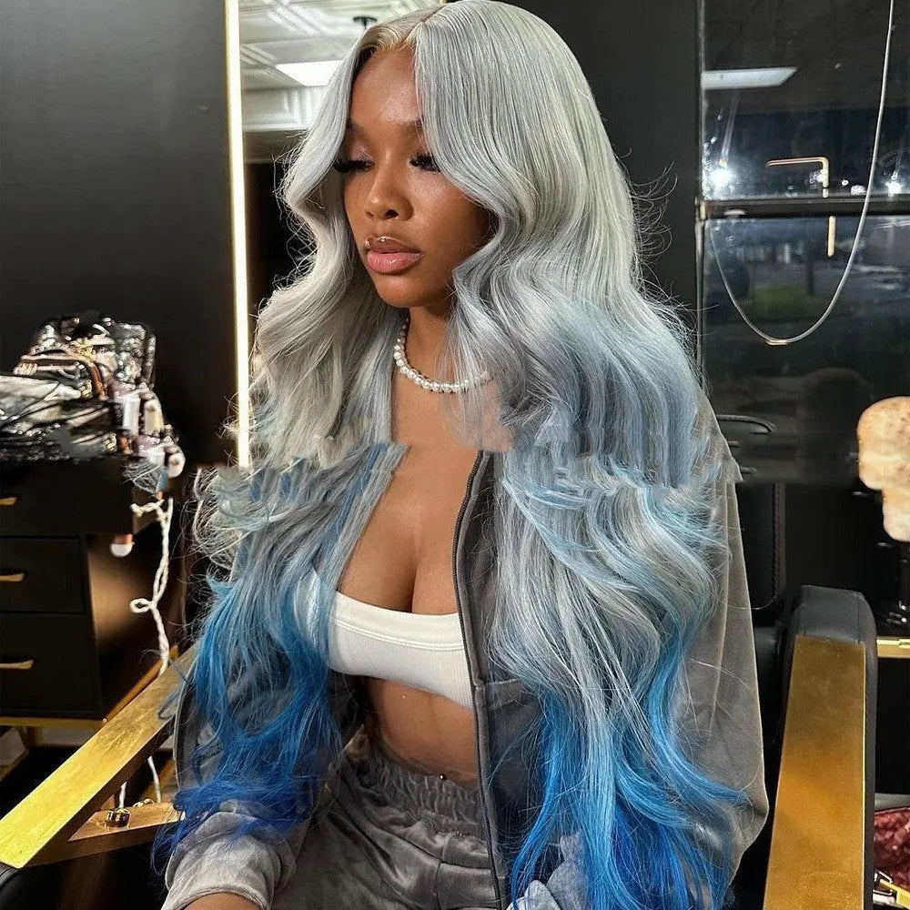 Gradient grey blue human hair wig with straight Ruili style on 4x4 lace front cap