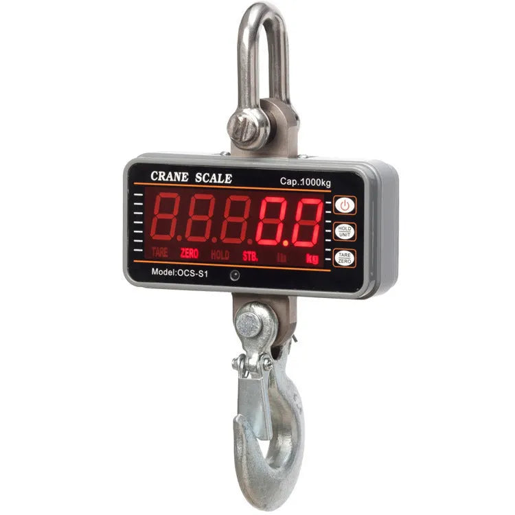 Electronic crane scale with digital display for logistics and warehousing applications, 500kg maximum load capacity, available in orange colour, heavy-duty industrial weighing device