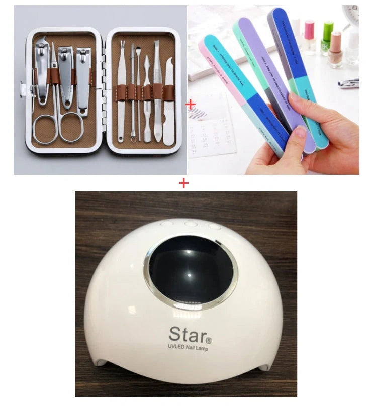 Professional nail care set with stainless steel clippers, polishing tool, and baking lamp for home and salon use