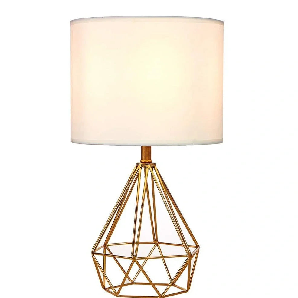 White iron frame table lamp with fabric shade and knob switch, E27 base for LED bulbs