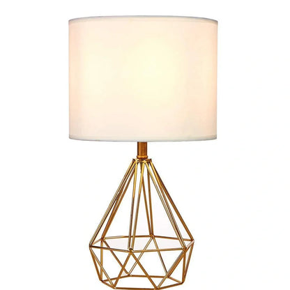 White iron frame table lamp with fabric shade and knob switch, E27 base for LED bulbs