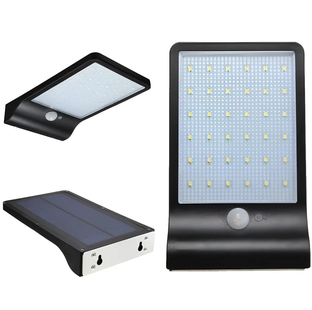 Black and white solar garden light with 36 LEDs, mounting rod option, automatic dusk operation