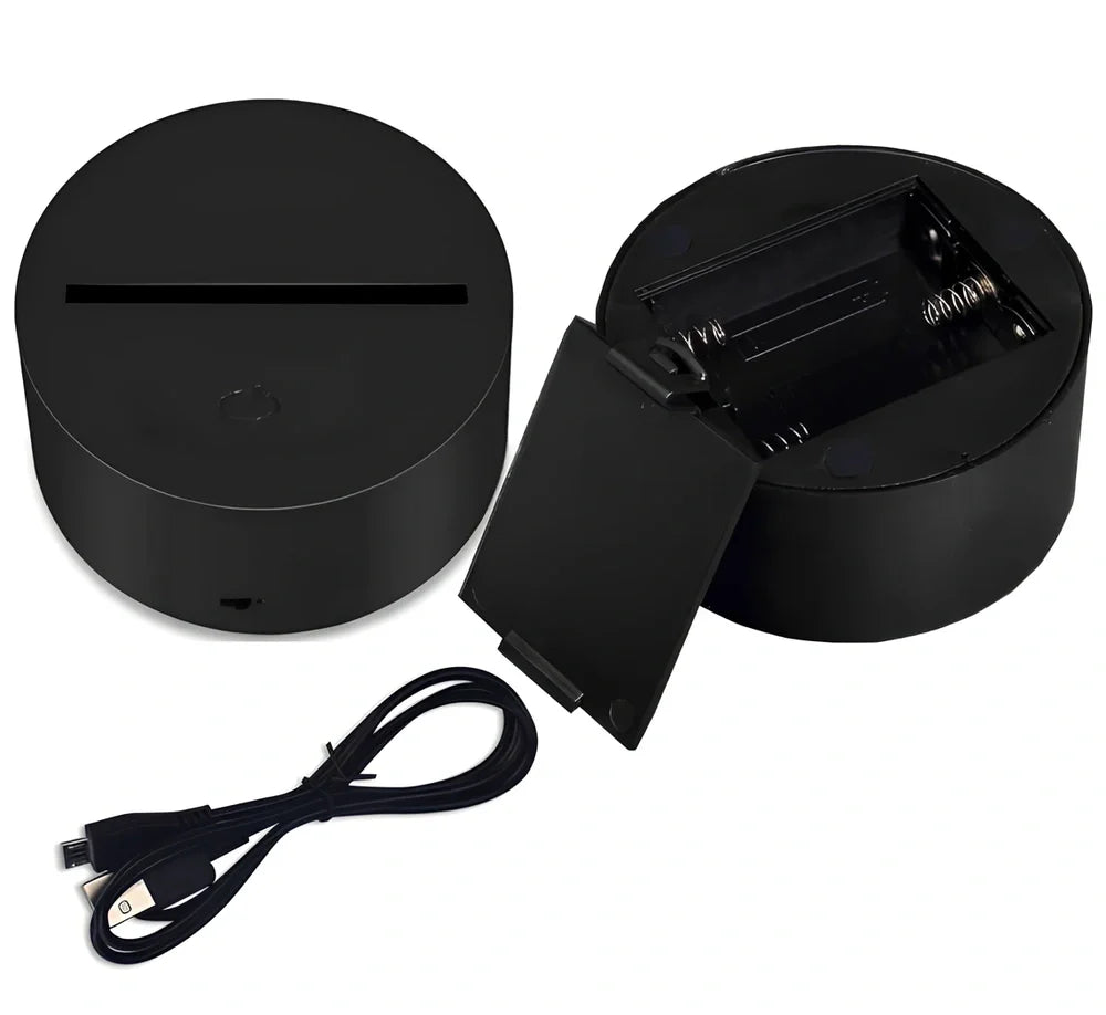 3D LED lamp with acrylic display and ABS base showing multicolour lighting effects