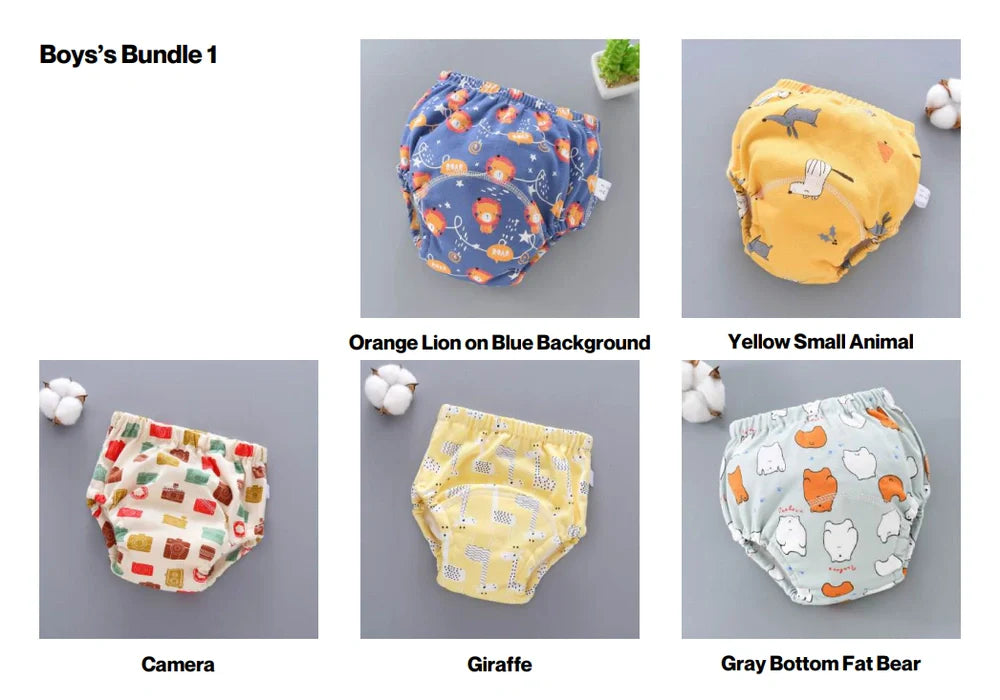 Washable baby training pants with 6-layer gauze construction in pure cotton, showing five colour options