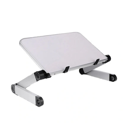 Adjustable foldable laptop stand in black and white, with 360-degree rotation and height adjustment