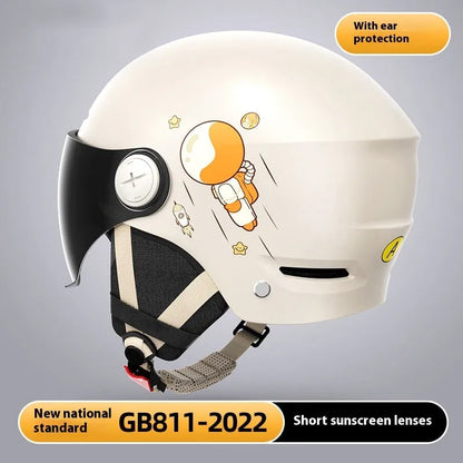 Khaki electric motorcycle half helmet with integrated glasses showing ABS construction and free size fit