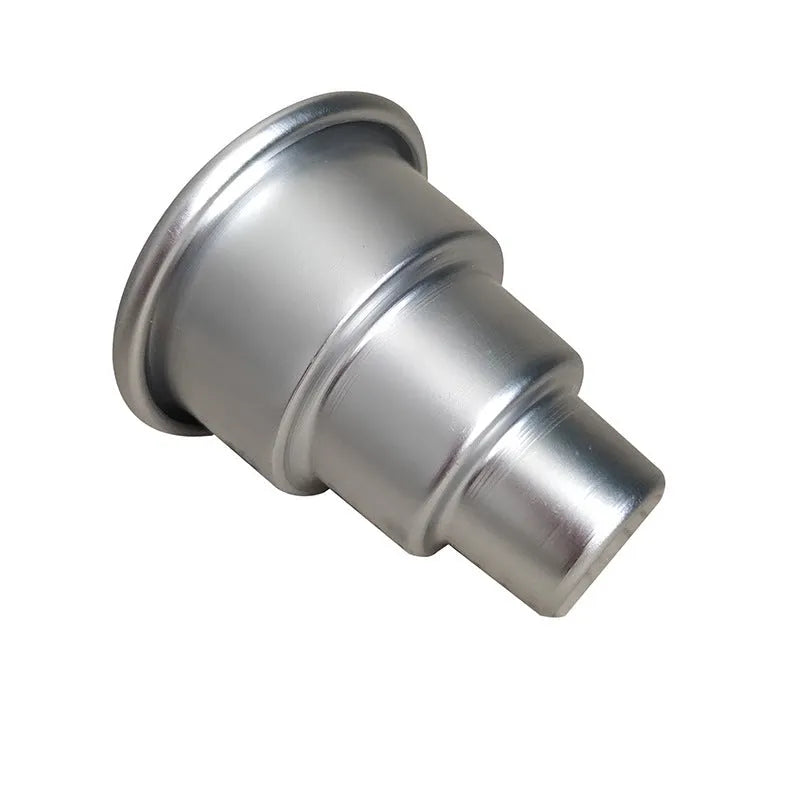 Mini three-layer aluminium alloy cake mould pudding cup baking tool set in silver colour, includes large medium and small cake tins for fondant cake forming and DIY baking projects, with softcover packaging as shown in specifications