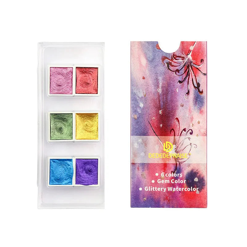 Boxed set of solid watercolour pigment blocks with pearlescent metallic finish in multiple colours