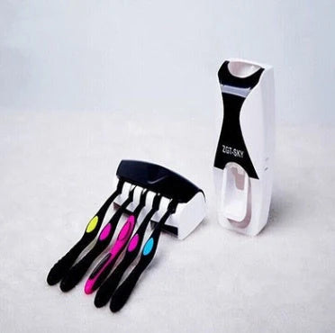 Automatic toothpaste squeezer and toothbrush holder set in durable plastic
