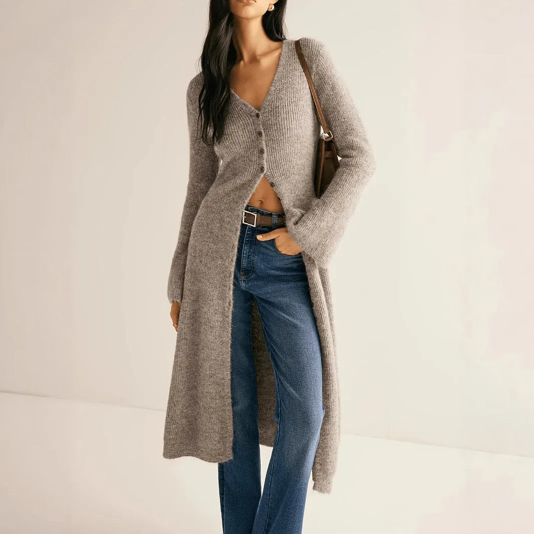 Khaki women's long sleeve cardigan coat with button front in a French retro style