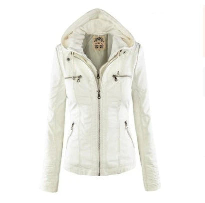 A fashionable hooded leather jacket with pockets, available in various colors and sizes for women's casual outerwear.
