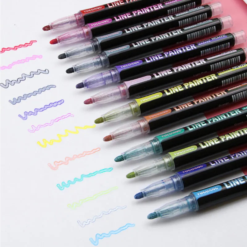 12 colour metal double line outline pen set showing 13cm length and plastic pen tips