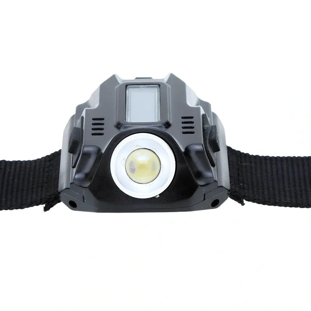 LED wrist watch tactical flashlight with adjustable nylon strap showing time display and illumination functions