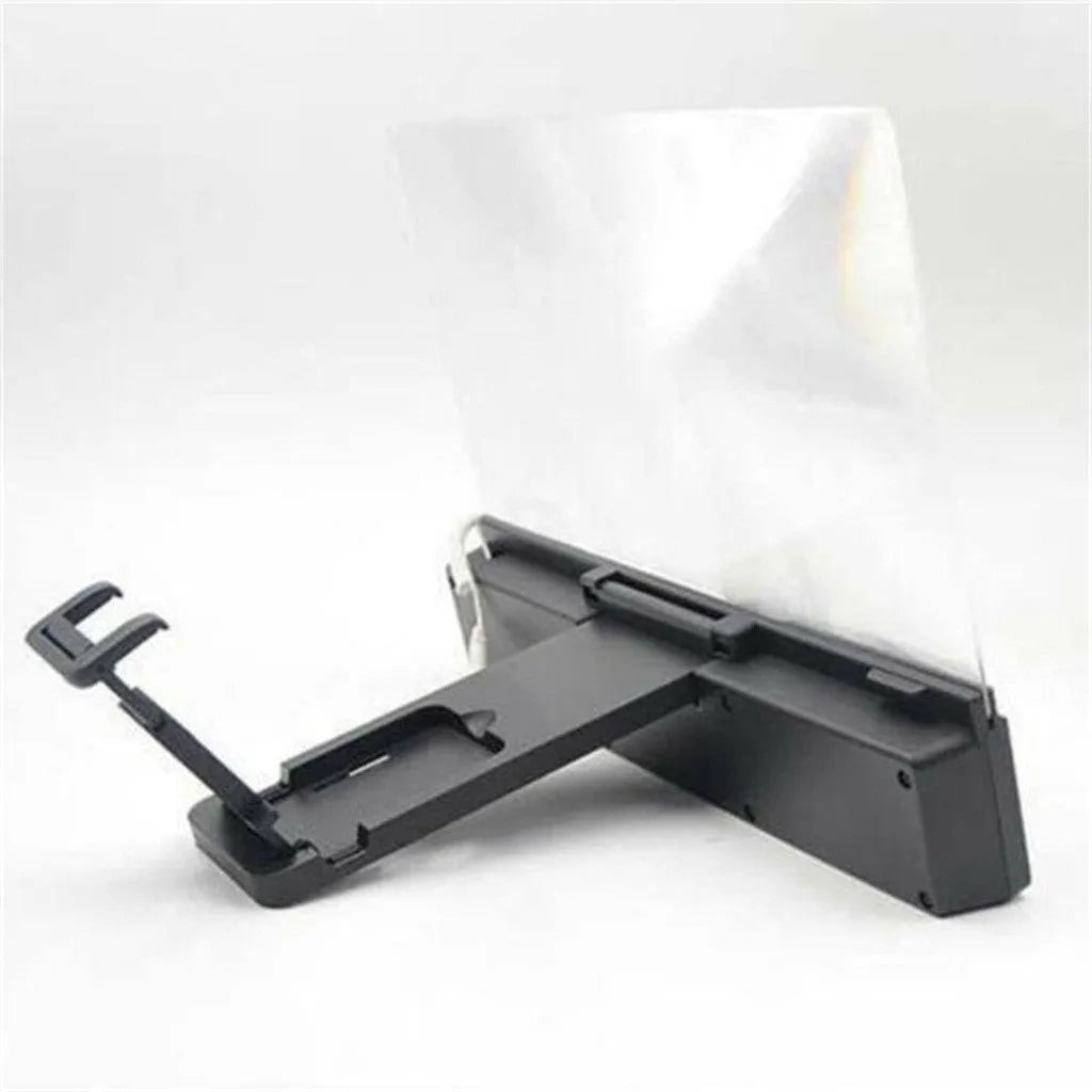 Silver mobile phone screen amplifier with 12-inch lens on a flexible gooseneck stand, holding a smartphone.