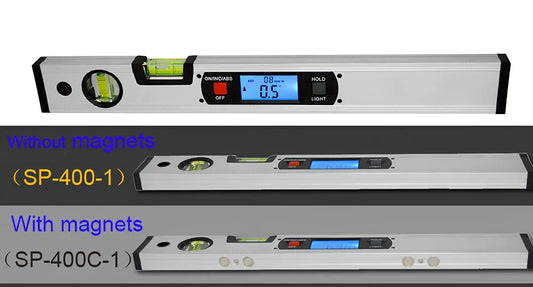 Magnetic digital angle meter with LCD display showing degree measurement on metal surface