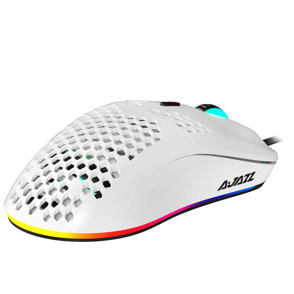 Lightweight white wired gaming mouse with hollow shell and 7 buttons, model AJ390