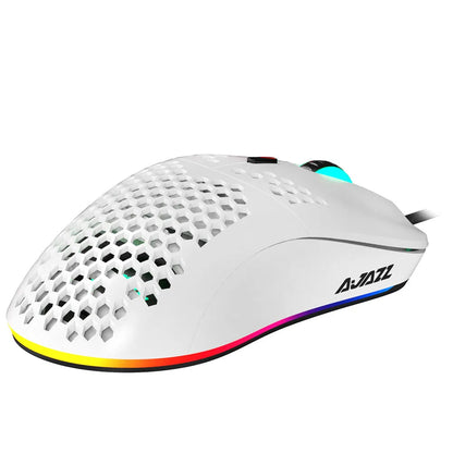 Lightweight white wired gaming mouse with hollow shell and 7 buttons, model AJ390