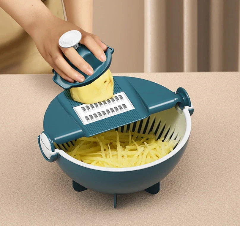 Versatile vegetable preparation station with interchangeable blades and built-in drainage basket for efficient meal prep
