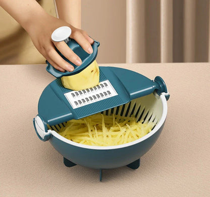 Versatile vegetable preparation station with interchangeable blades and built-in drainage basket for efficient meal prep
